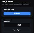The Stage Timer homepage: a Create room button, and a Join a room field for typing in a code