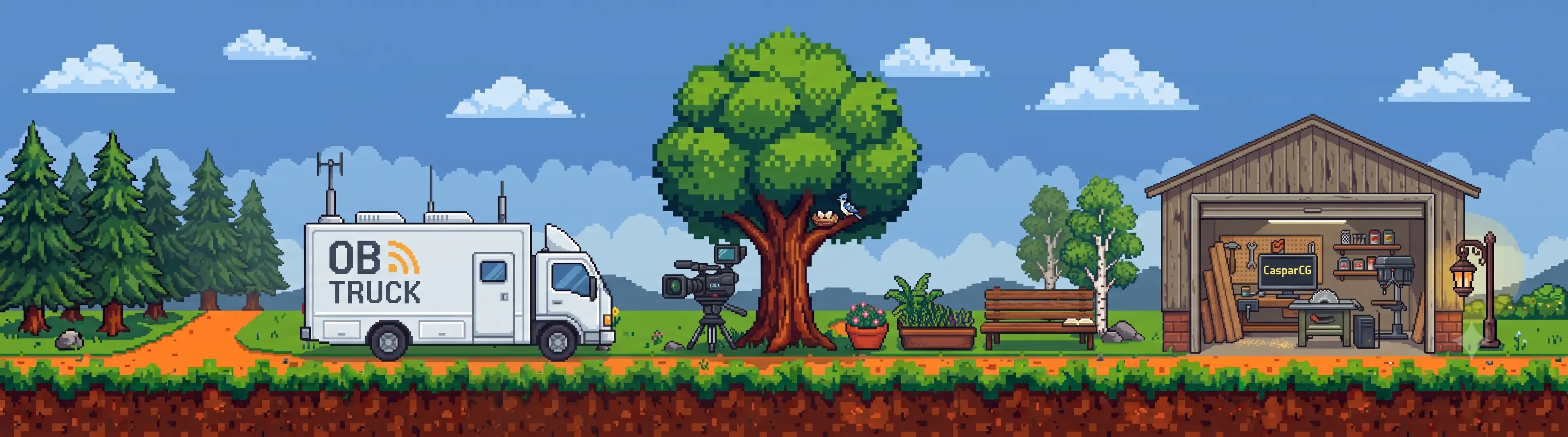 Pixel-art wide park scene with a big tree, benches, and a fountain