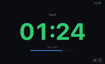 The room display, Classic layout: a large green countdown with the cue name and an active message card above it
