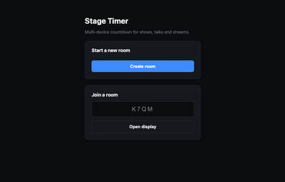The Stage Timer homepage: a Create room button, and a Join a room field for typing in a code